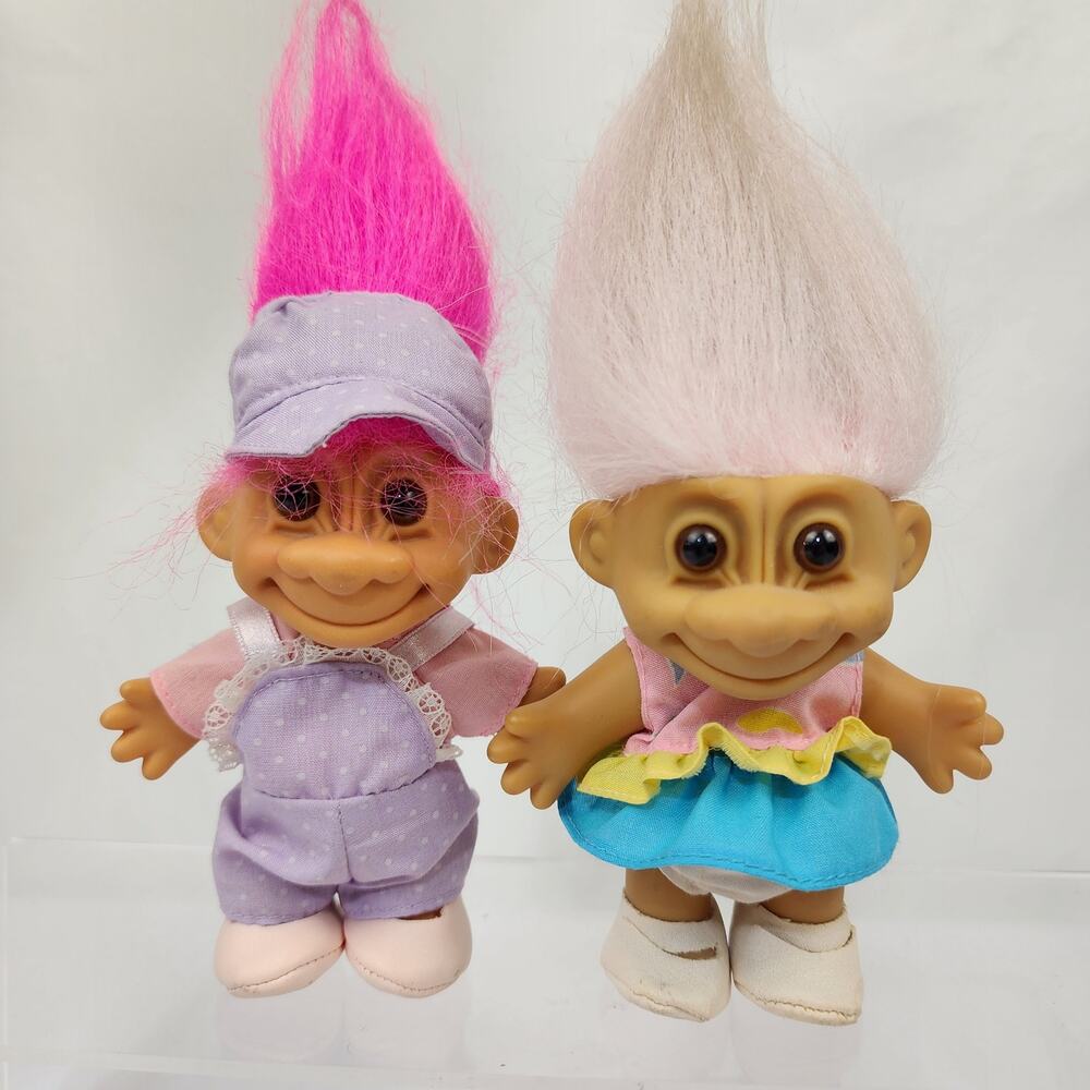 2 Vtg Russ Troll Dolls 18365 Sundress Light Pink 18354 Jumpsuit Hat Bright Pink